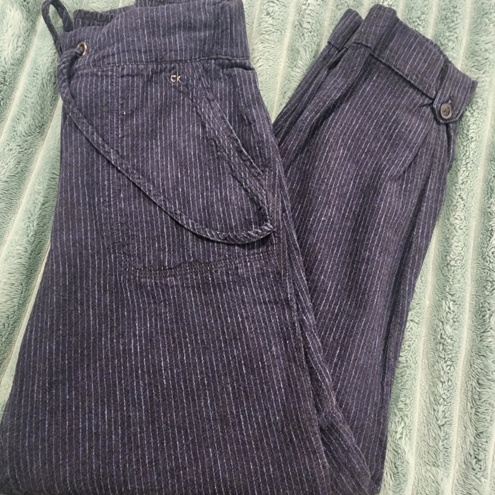 Calvin Klein Dark Blue Striped Linen Pants
